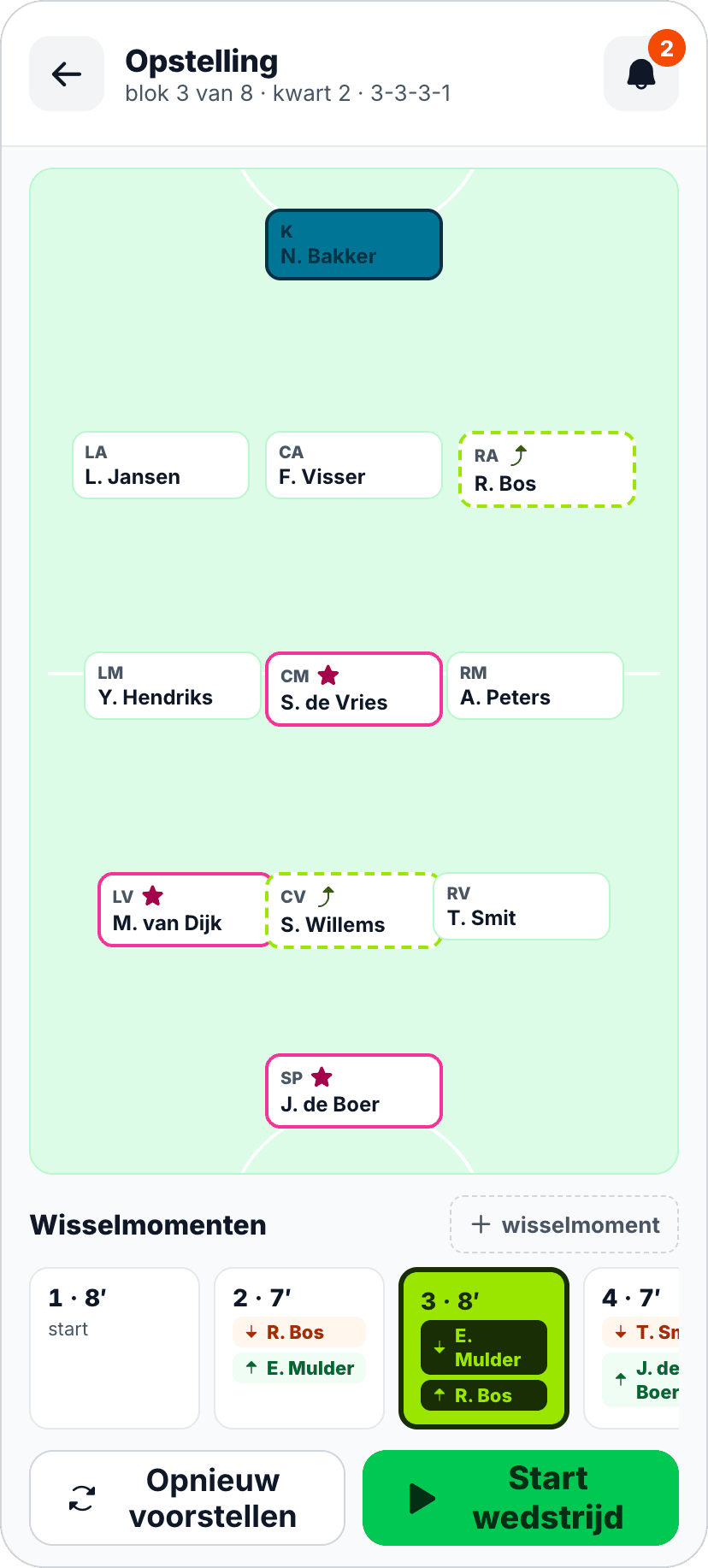 Het opstellingsscherm van de app: het veld met de spelers op hun plek en de wissels per blok