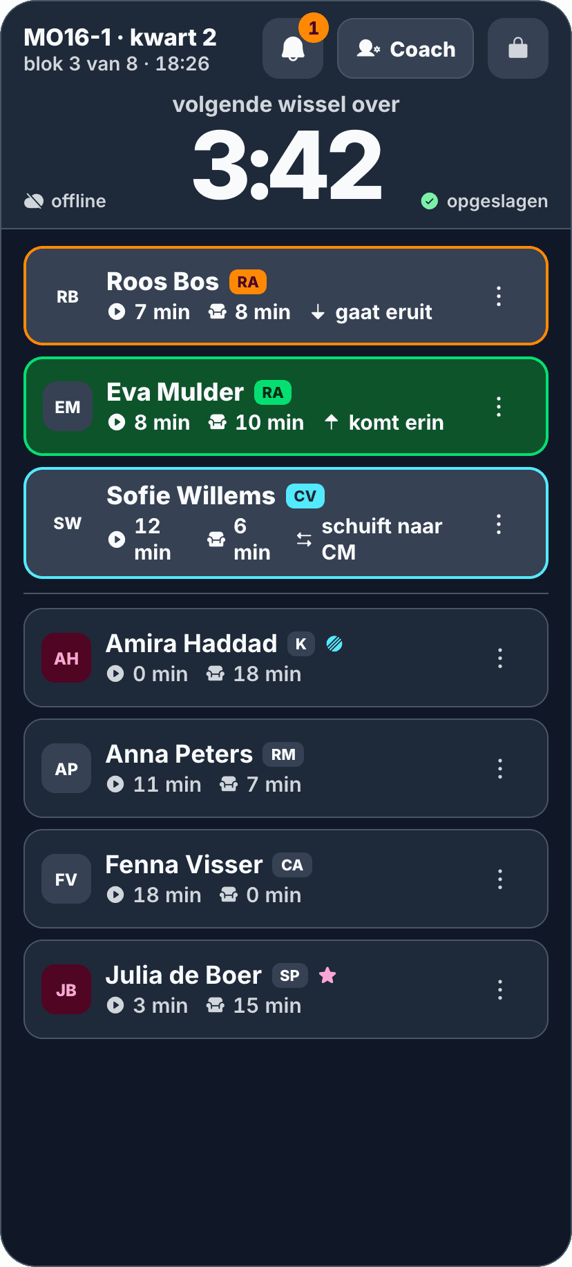 De wedstrijdmodus van de app in het donker